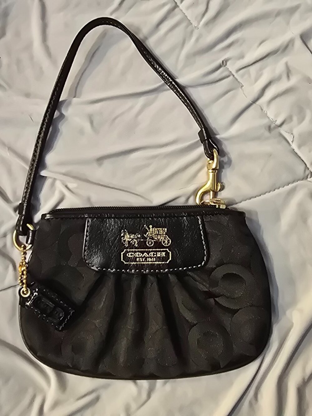 Coach Madison Black Signature Sateen Pleated Wristlet with Purple Lining